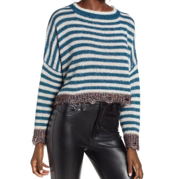 Nordstrom Pima Tinsel Striped Sweater Blue Size Medium Blue White Glitter Bling - Picture 4 of 12